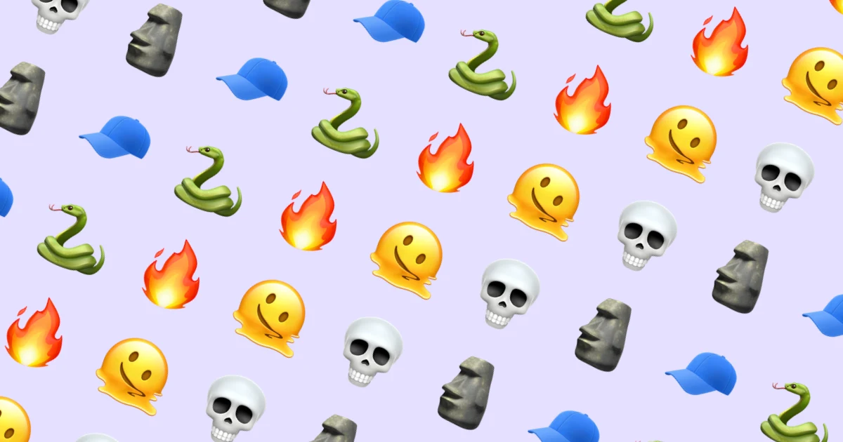 Pola emoji bahasa gaul Gen Z yang berulang: tengkorak, batu Moai, topi, ular, api, dan wajah meleleh