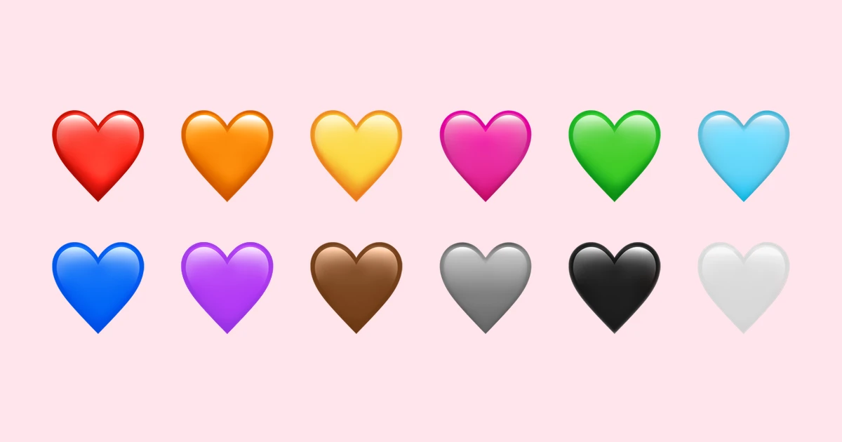 Deretan emoji hati berbagai warna: merah, oranye, kuning, pink, hijau, biru, ungu, cokelat, abu-abu, hitam, dan putih
