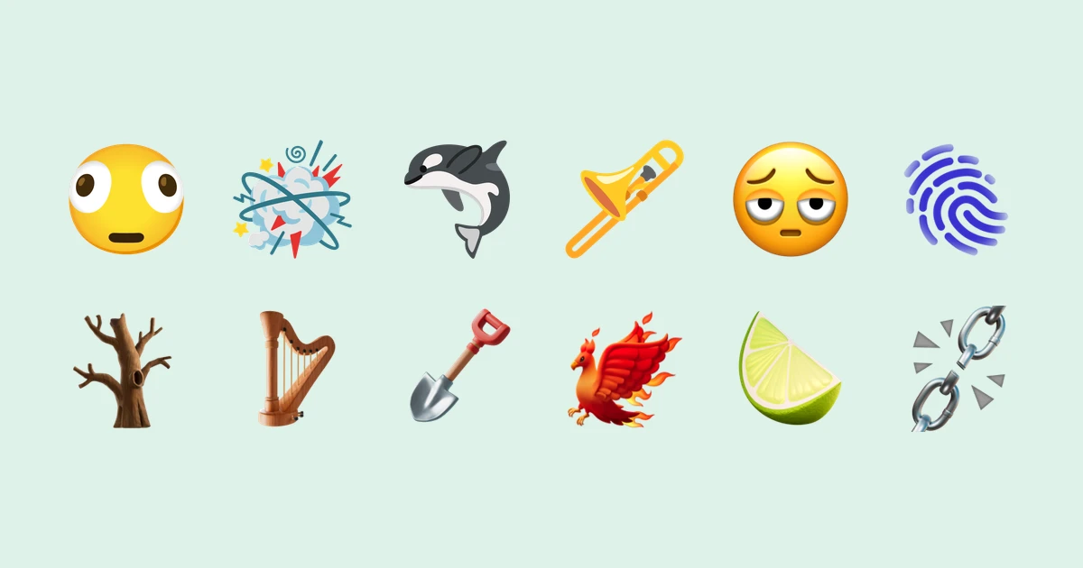 Kisi emoji terbaru dari Emoji 17.0, 16.0, dan 15.1 termasuk wajah terdistorsi, wajah dengan kantung mata, phoenix, dan rantai putus